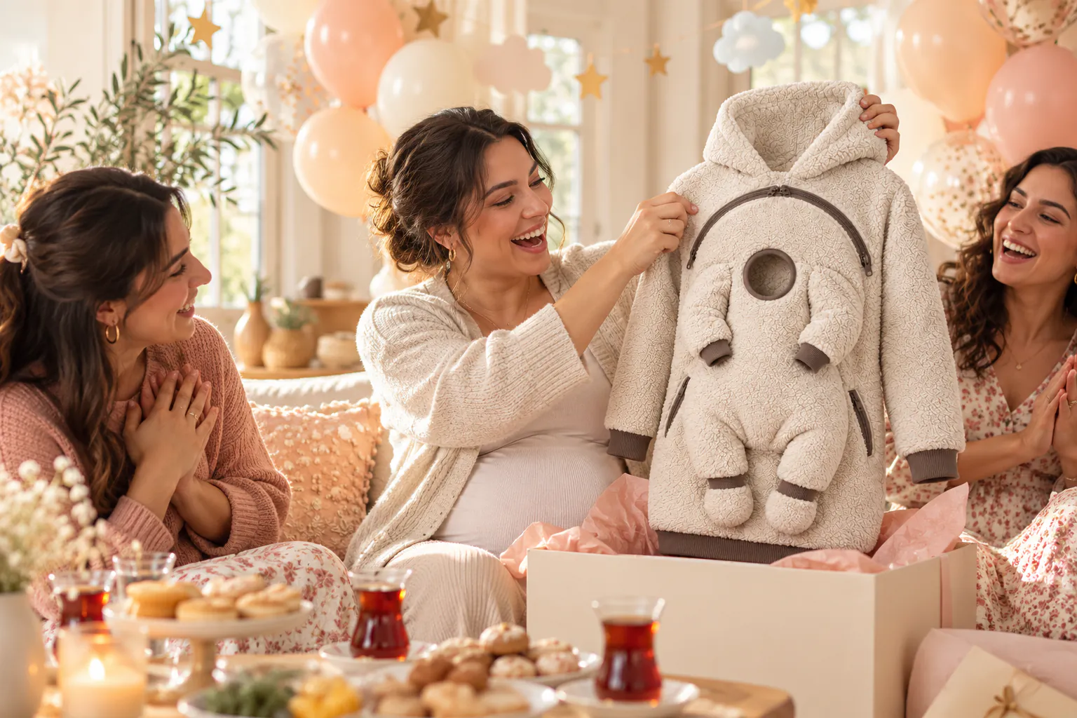 Baby shower’da hediye kutusundan VORALİXS sweatshirt’ü çıkarıp gülen anne adayı ve arkadaşları