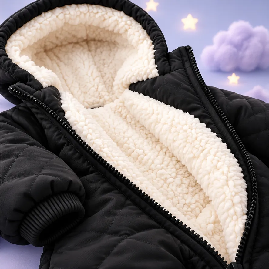 Cozymino siyah kapitone dış yüzey ve krem peluş iç astarın yakın çekimi