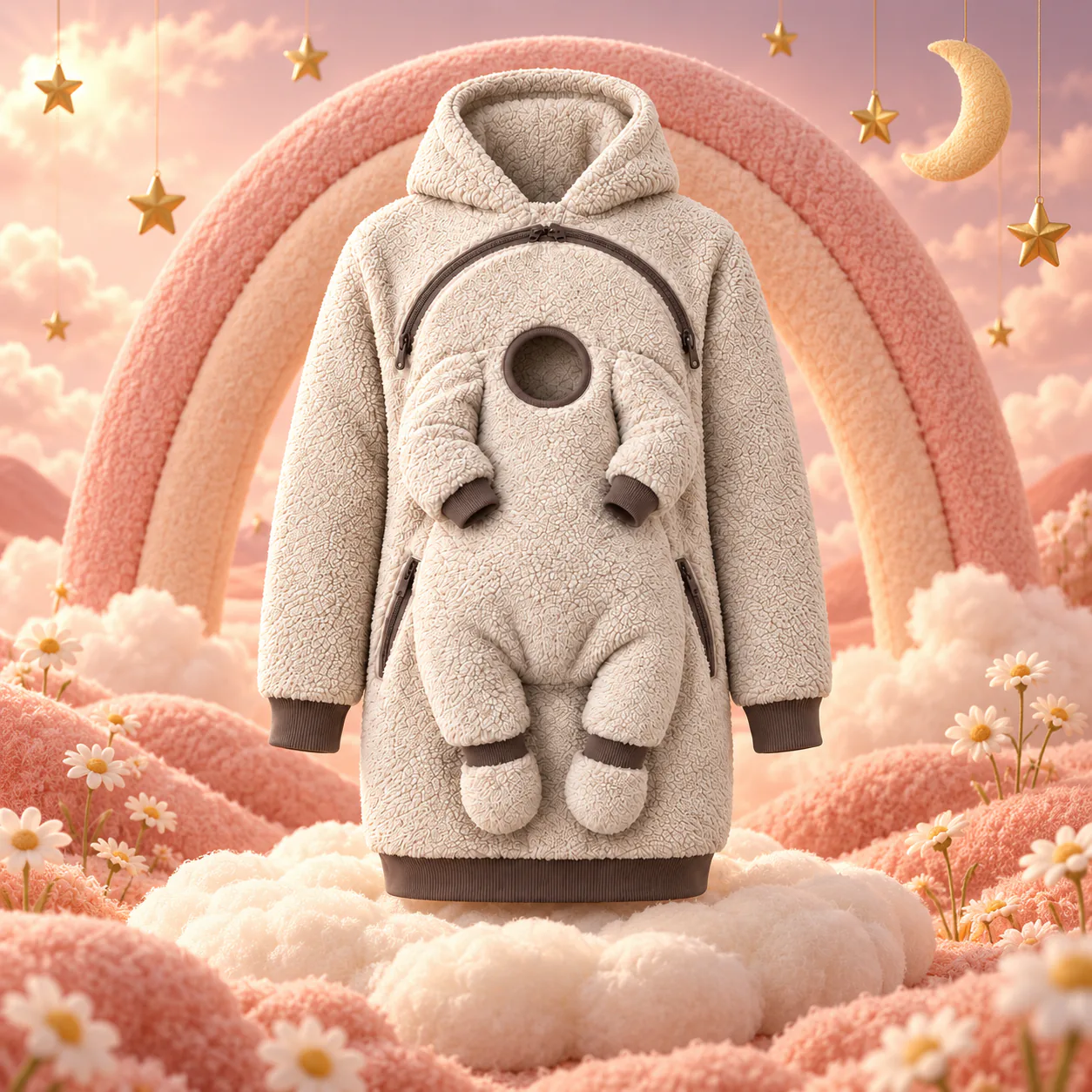 VORALİXS Anne & Bebek Sweatshirt: krem sherpa, kavisli taba fermuar ve bebeğe özel ön bölüm